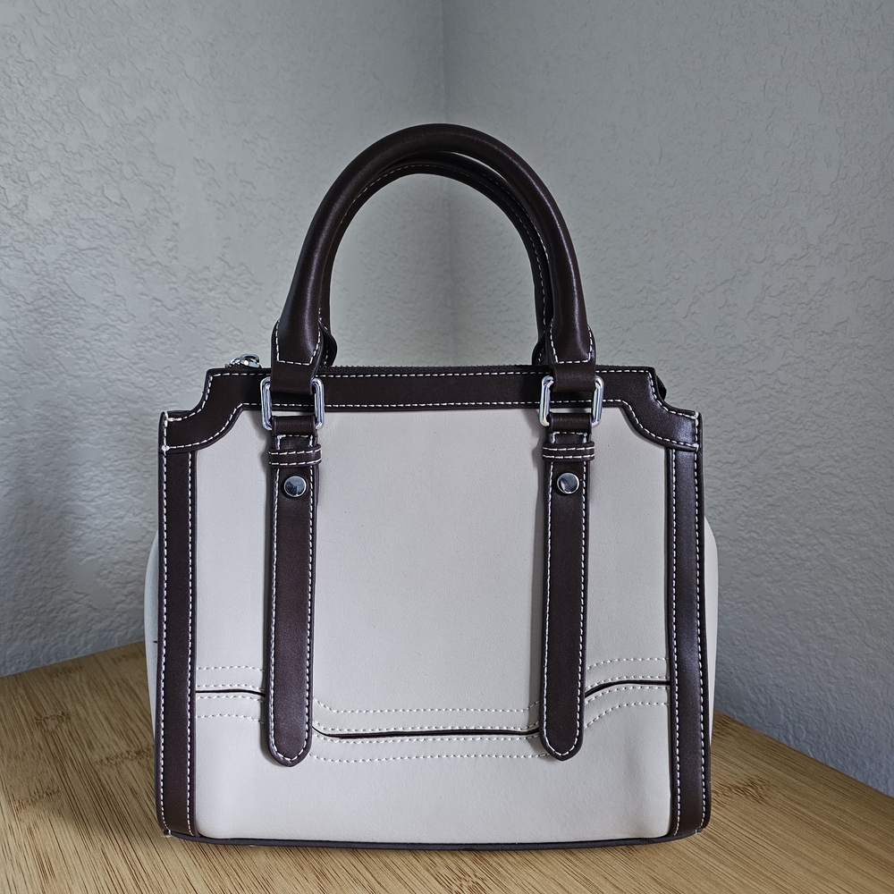 Elegant Real Leather Cream and Brown Handbag